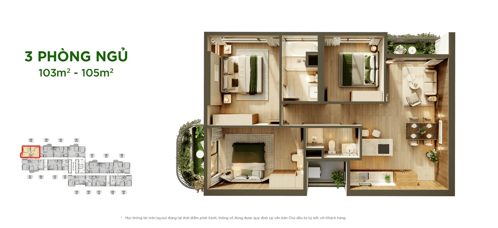 Layout thiết kế căn hộ 3 Phòng Ngủ 103m2 - 105m2 tại Sky Retreat Residences, phân khu Sky Retreat