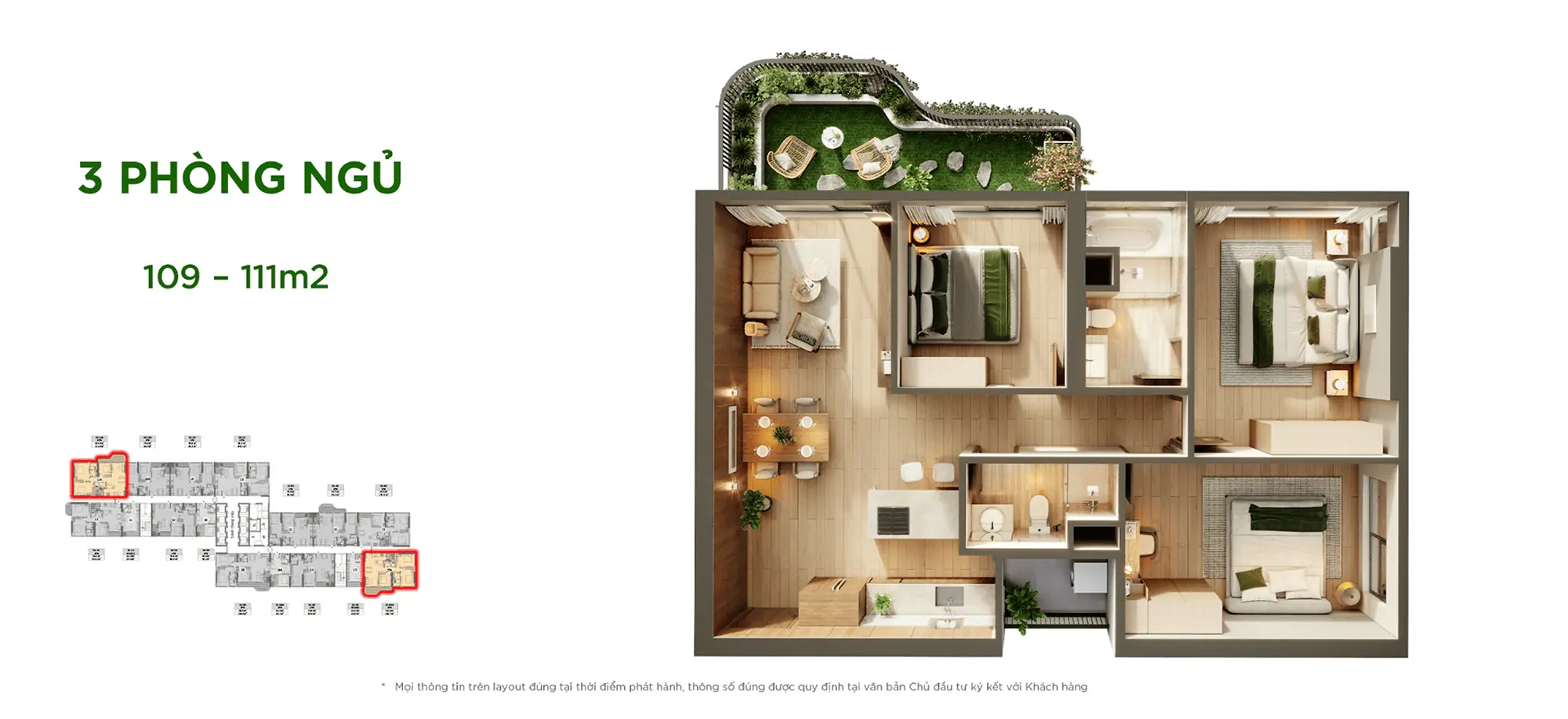 Layout thiết kế căn hộ 3 Phòng Ngủ 109m2 - 111m2 tại Sky Retreat Residences, phân khu Sky Retreat