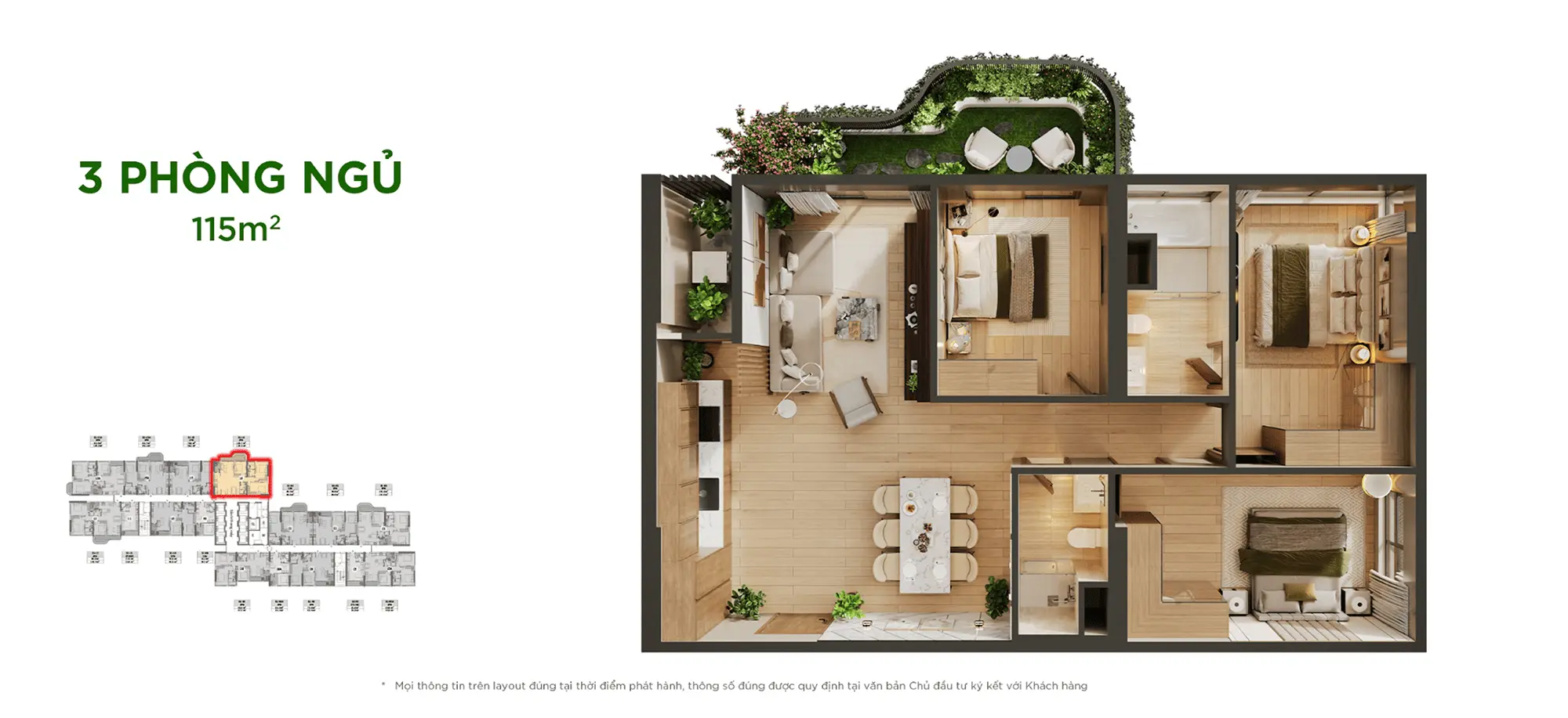 Layout thiết kế căn hộ 3 Phòng Ngủ 115m2 tại Sky Retreat Residences, phân khu Sky Retreat