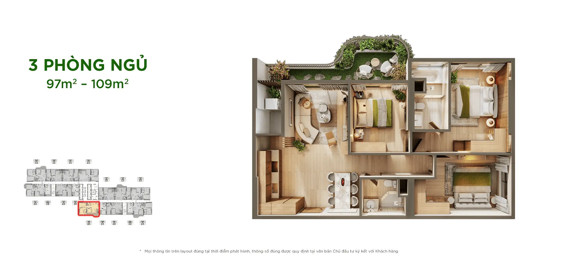 Layout thiết kế căn hộ 3 Phòng Ngủ 97m2 - 109m2 tại Sky Retreat Residences, phân khu Sky Retreat