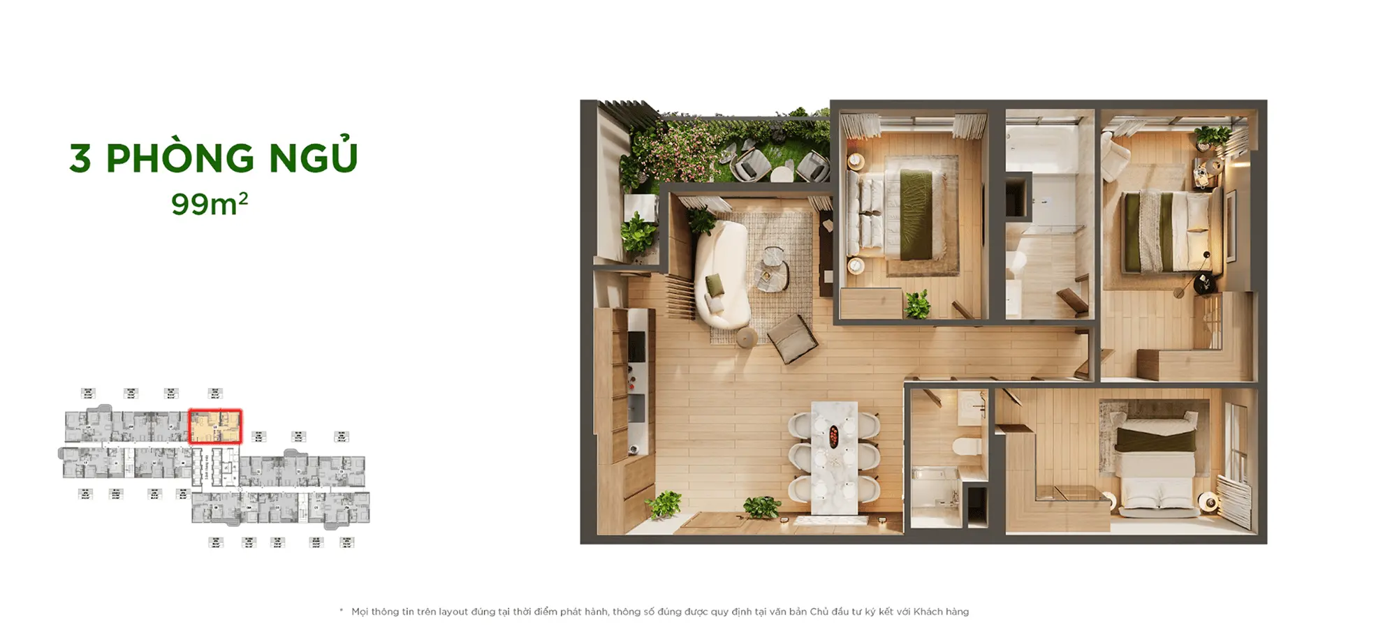 Layout thiết kế căn hộ 3 Phòng Ngủ 99m2 tại Sky Retreat Residences, phân khu Sky Retreat