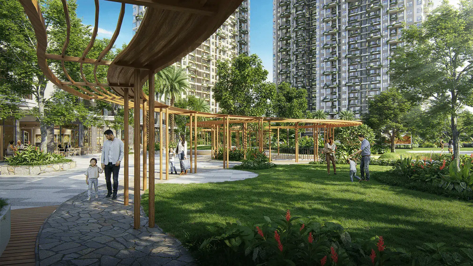 Pergola gỗ Hành lang xanh mát kết nối các khu vực tiện ích, tạo không gian đi bộ thoáng đãng giữa thiên nhiên xanh mướt