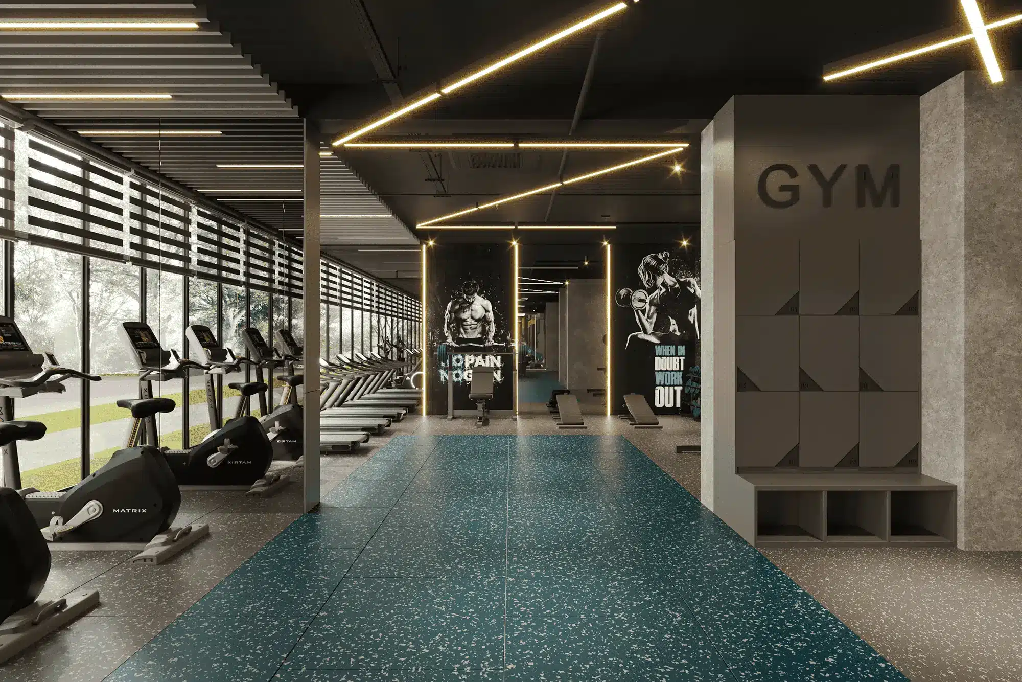 Phòng tập Gym hiện đại với thiết bị Matrix cao cấp, cửa sổ tràn ánh sáng, nơi rèn luyện sức khỏe hoàn hảo