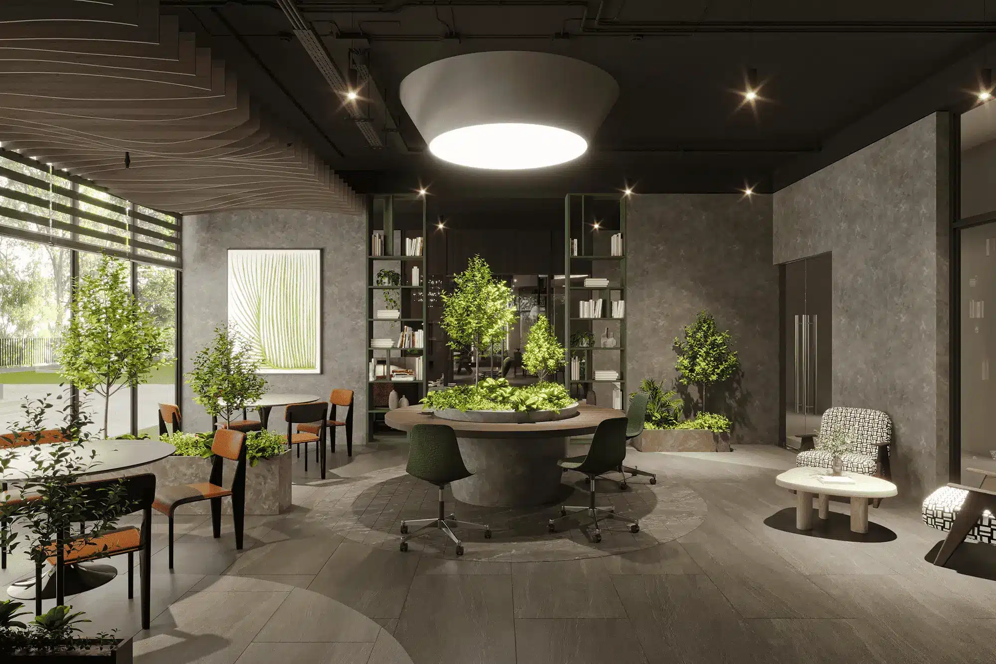 Sky Library + Lounge Thư viện và không gian thư giãn với cây xanh tự nhiên, bàn làm việc yên tĩnh, nơi đọc sách lý tưởng