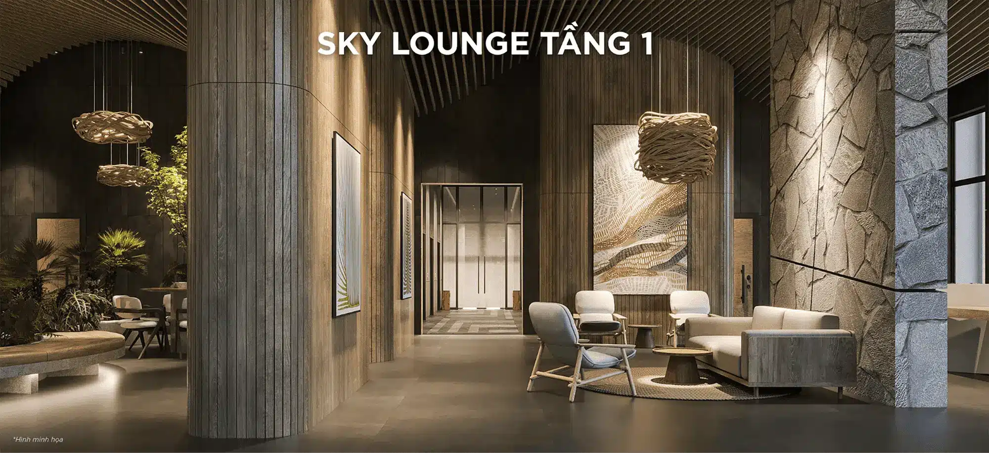 Sky Lounge tầng 1 Sảnh đón đẳng cấp với thiết kế gỗ ấm cúng, tạo ấn tượng đầu tiên cho cư dân và khách thăm