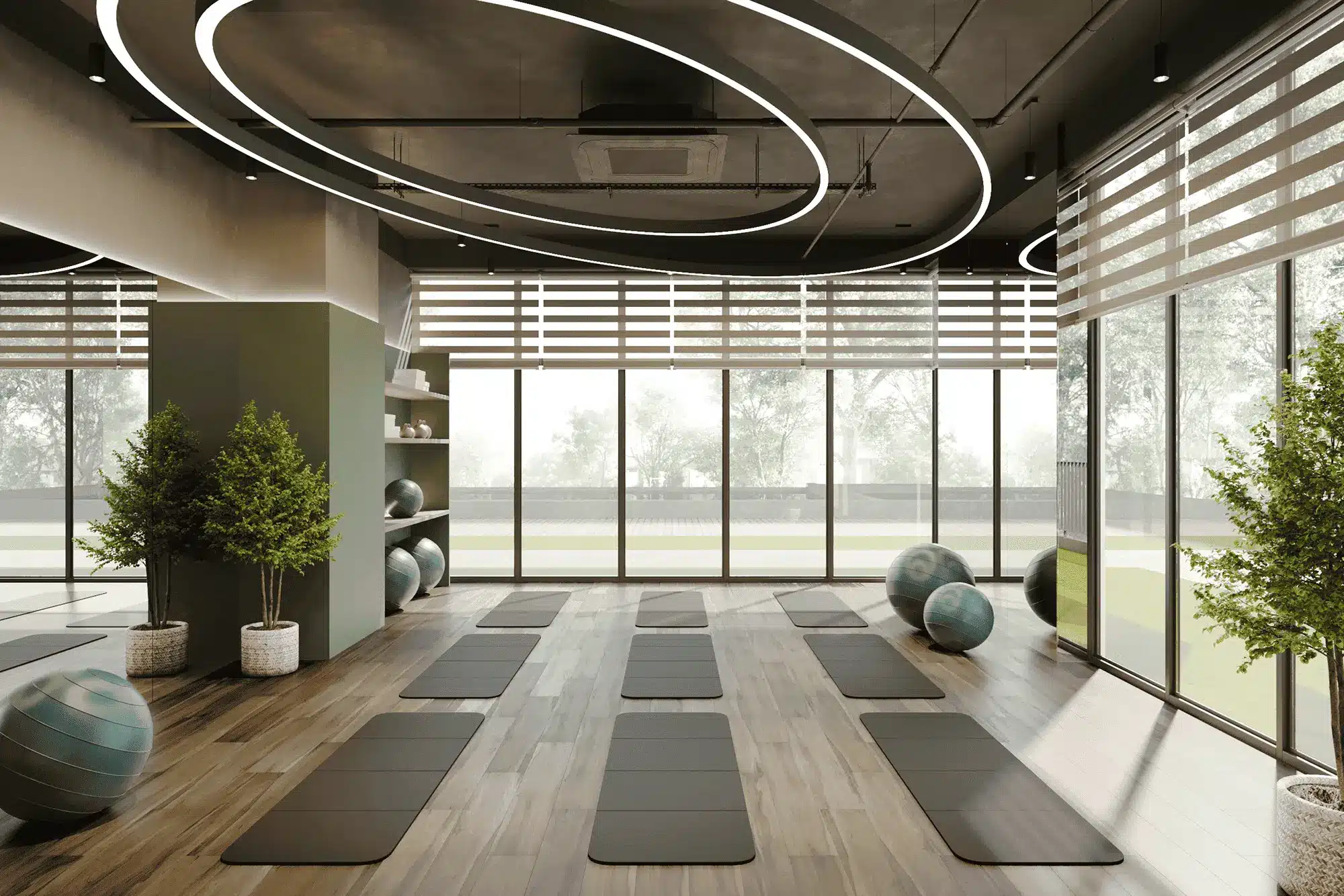 Phòng tập yoga với cửa sổ tràn ánh sáng, nhìn ra rừng xanh, nơi thư giãn và tái tạo năng lượng hoàn hảo