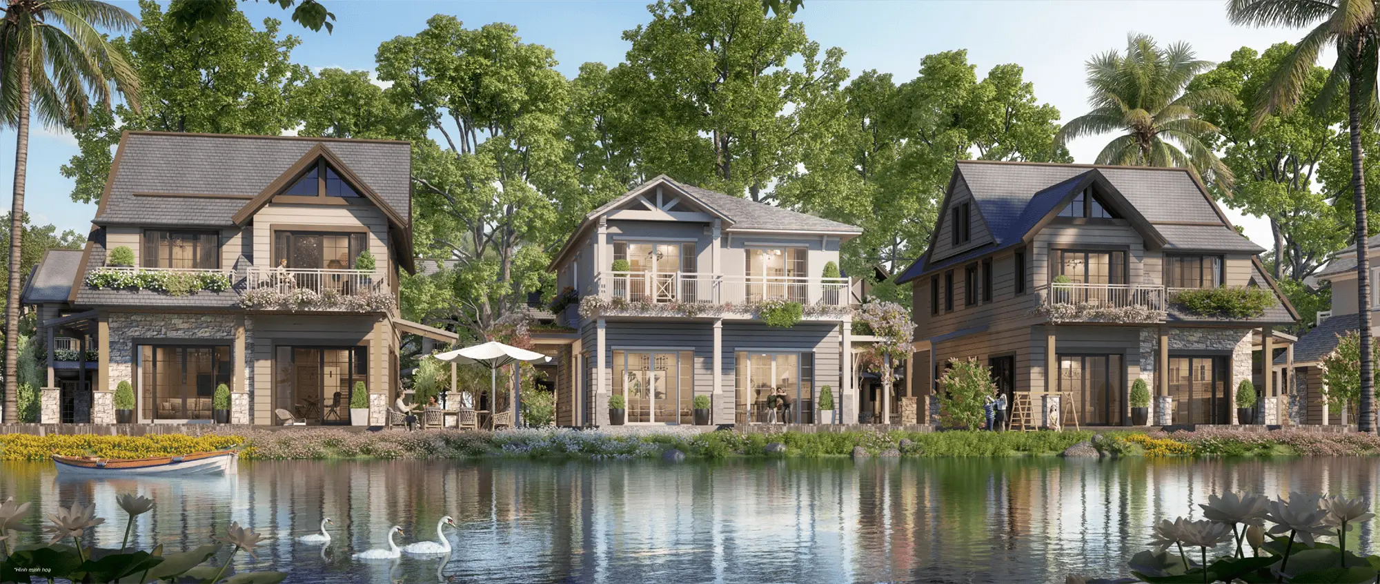 Cảnh quan thiên nga thơ mộng bên Island Villa Đơn Lập, nơi thiên nhiên và kiến trúc hòa quyện tạo không gian sống lý tưởng. Cảnh quan thiên nga thơ mộng bên Forest Villa Đơn Lập, nơi thiên nhiên và kiến trúc hòa quyện tạo không gian sống lý tưởng.
